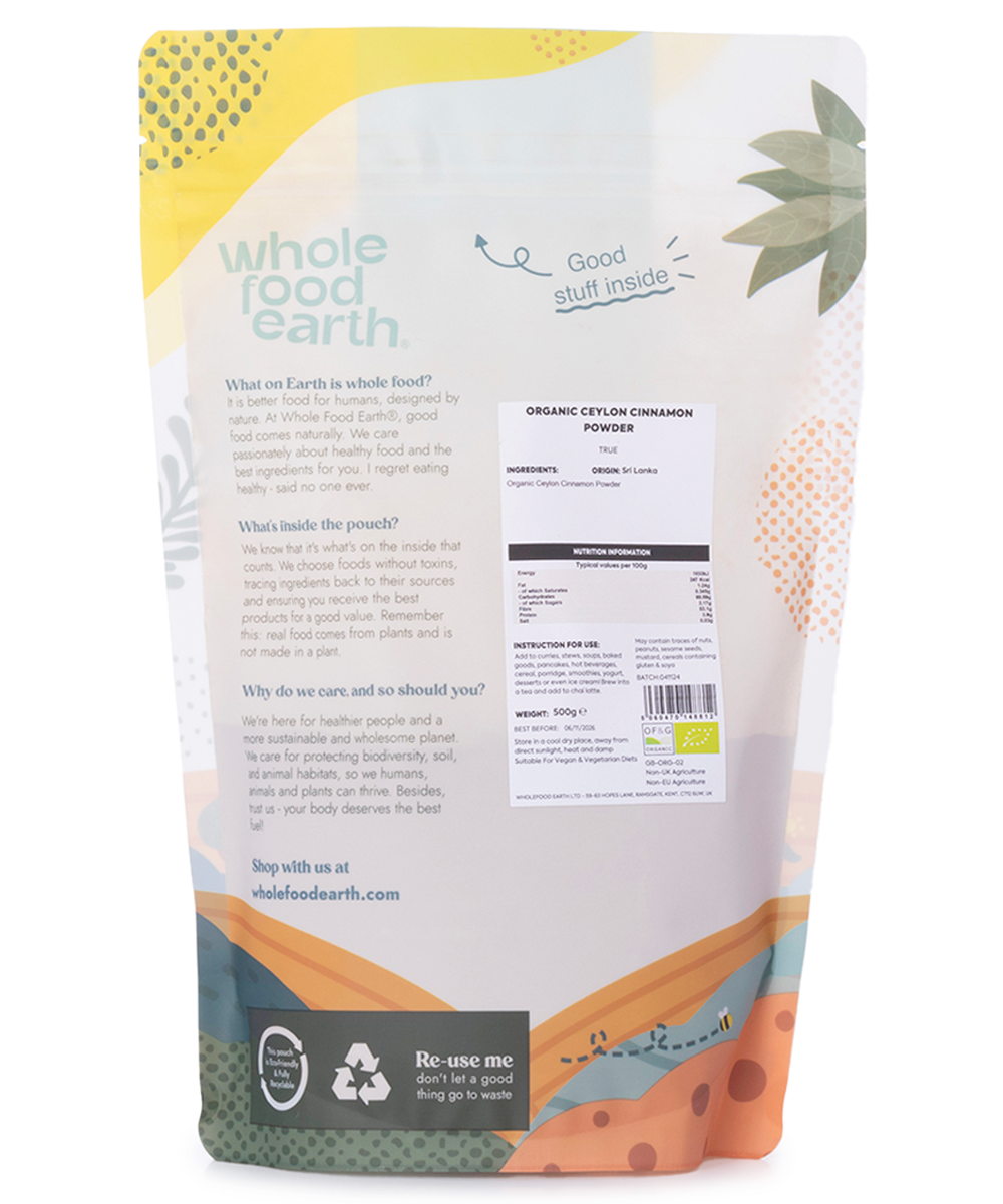 Organic Ceylon cinnamon powder from Whole Food Earth, finely ground spice in a 500g package, showcasing light brown cinnamon powder.