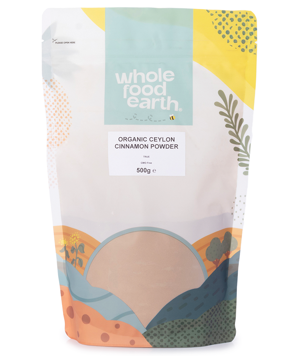 Organic Ceylon Cinnamon powder from Whole Food Earth, finely ground cinnamon spice in a 500g package, natural and aromatic herb spice