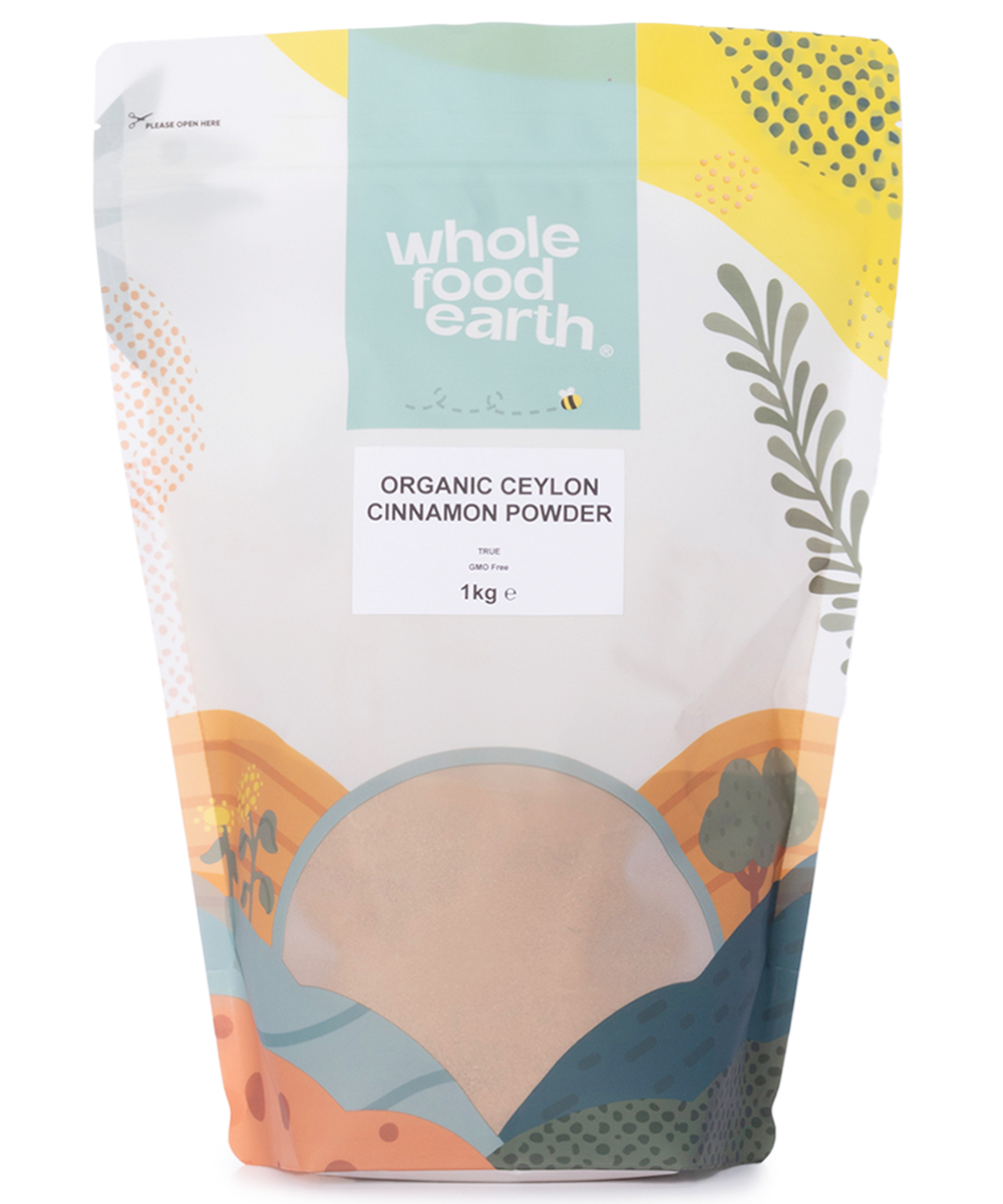 Organic Ceylon Cinnamon Powder from Whole Food Earth, finely ground herbal spice in a 1kg package, ideal for baking and cooking.