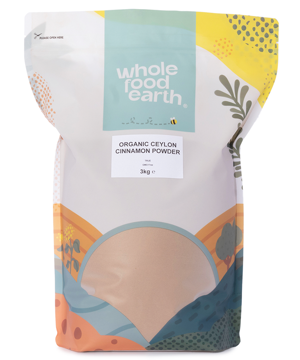Organic Ceylon cinnamon powder from Whole Food Earth, finely ground spice in a 3kg container, showcasing its rich brown color and smooth texture.