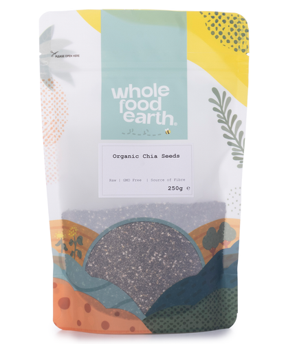 Organic chia seeds from Whole Food Earth in a 250g package, showing small black and white seeds in a clear bag.