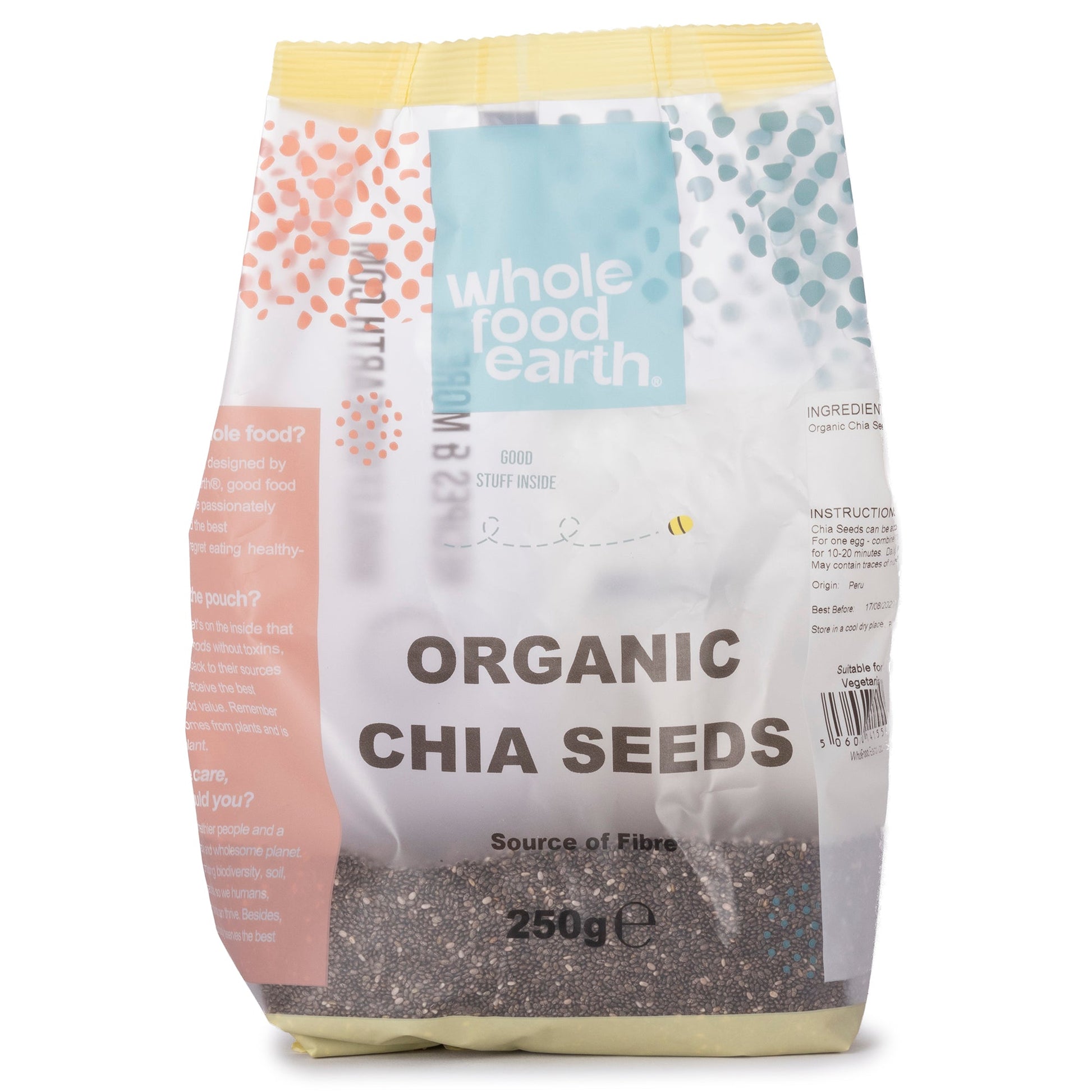 Organic chia seeds from Whole Food Earth, displayed in a clear container, showcasing small, black and white chia seeds on a white background.