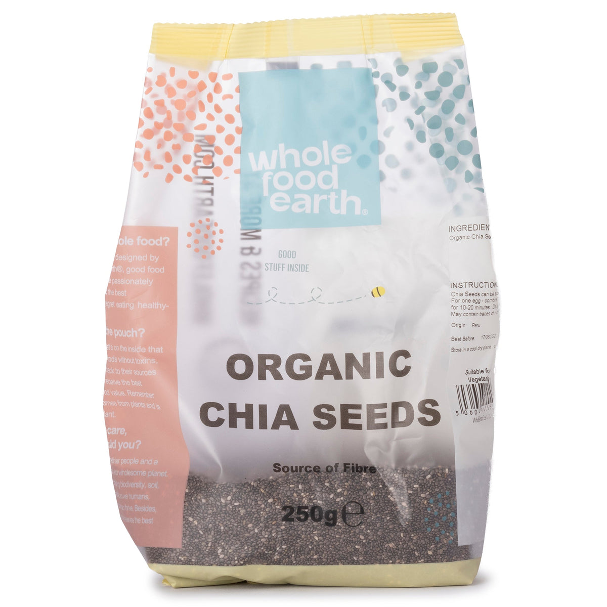 Organic chia seeds in a clear jar, showing small black and white seeds, from Whole Food Earth Nuts & Seeds collection.