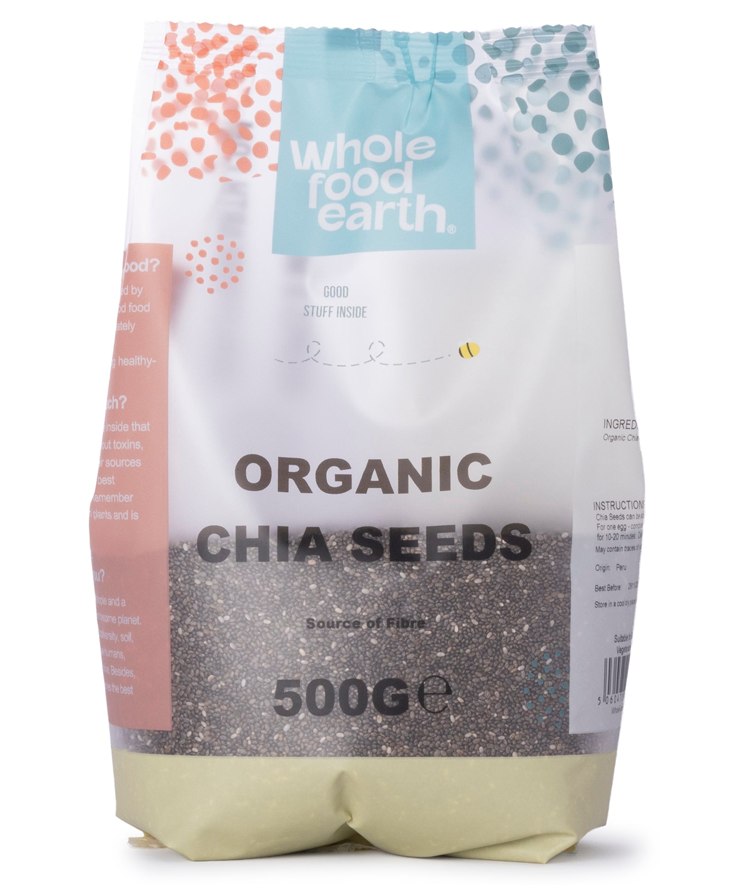 Organic chia seeds from Whole Food Earth in a 500g bag, showing small dark brown seeds in a clear package.