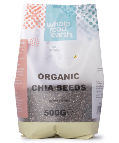 Organic chia seeds from Whole Food Earth in a 500g bag, showing small dark brown seeds in a clear package.