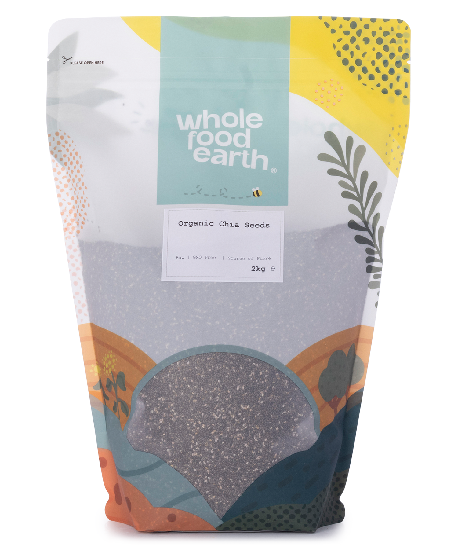 Whole Food Earth organic chia seeds in a 2kg bag, showing small black and white chia seeds in a clear bag.