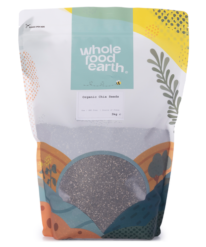 Whole Food Earth organic chia seeds in a clear bag, showing small dark seeds for healthy nuts and seeds diet.
