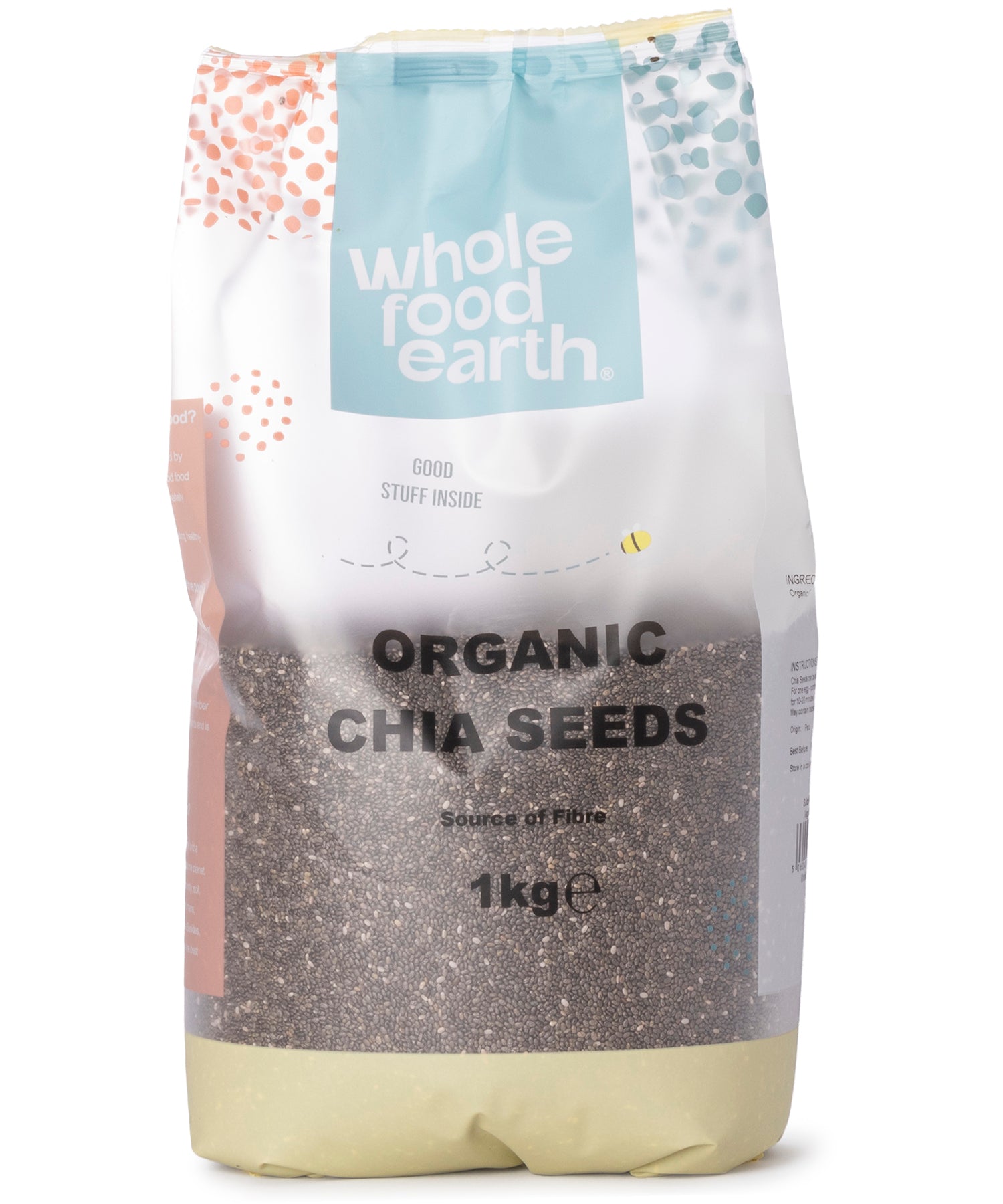 Organic chia seeds from Whole Food Earth in 1kg package, small pile of tiny black and white seeds on a white background.