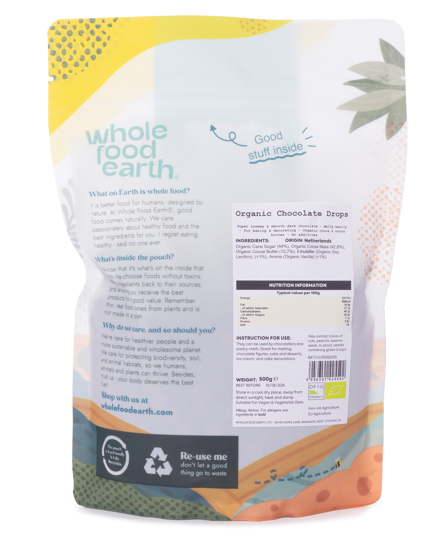 Organic chocolate drops from Whole Food Earth, showing shiny, dark chocolate candy pieces in a 500g bag.