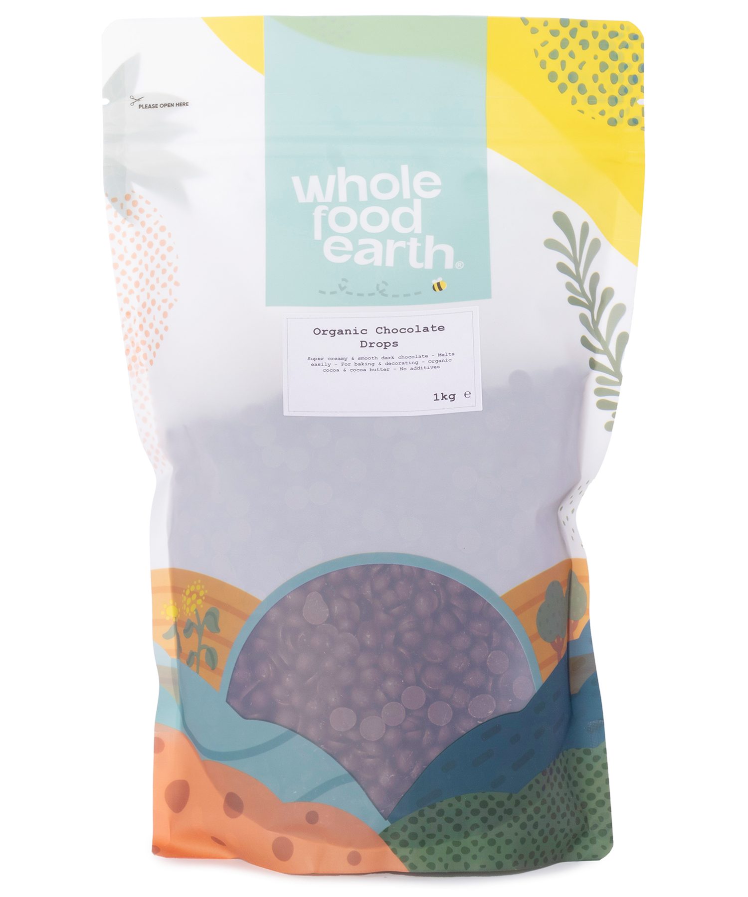Organic chocolate drops by Whole Food Earth, a 1kg bag of natural, dark chocolate candies perfect for baking or snacking.