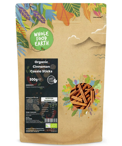 Organic cinnamon cassia sticks from Whole Food Earth, 500g, showing whole, aromatic cinnamon sticks on a natural background.