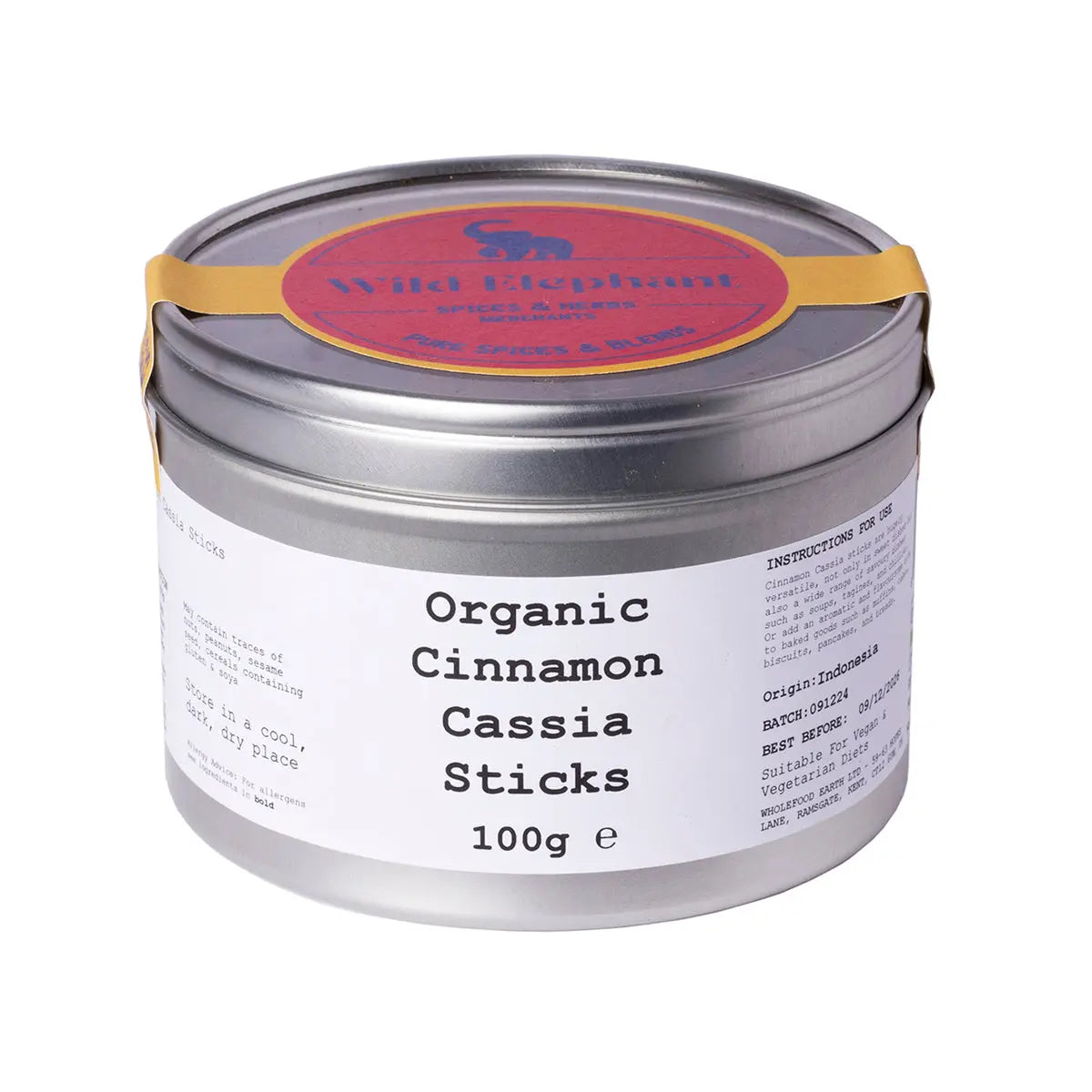 Organic cinnamon cassia sticks from Wild Elephant, shown in a 100g package, ideal for herbal and spice recipes.