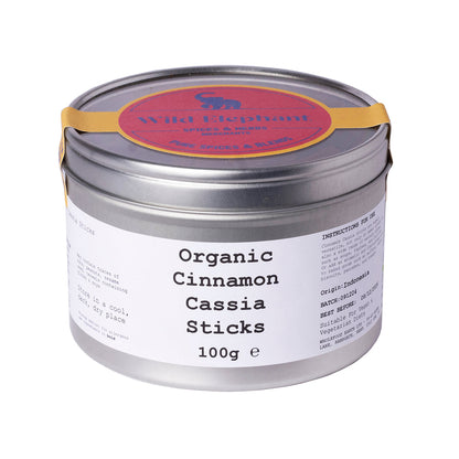 Organic cinnamon cassia sticks from Wild Elephant, shown in a 100g package, ideal for herbal and spice recipes.
