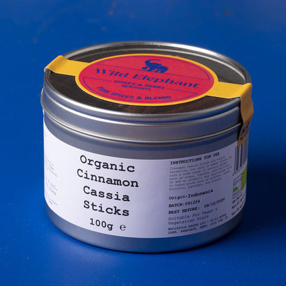 Organic cinnamon cassia sticks from Wild Elephant, 100g, in a clear jar showing the aromatic cinnamon sticks.