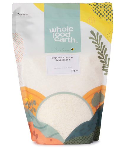 Organic coconut desiccated in a clear bag, showing shredded dried coconut from Whole Food Earth for baking and snacking.