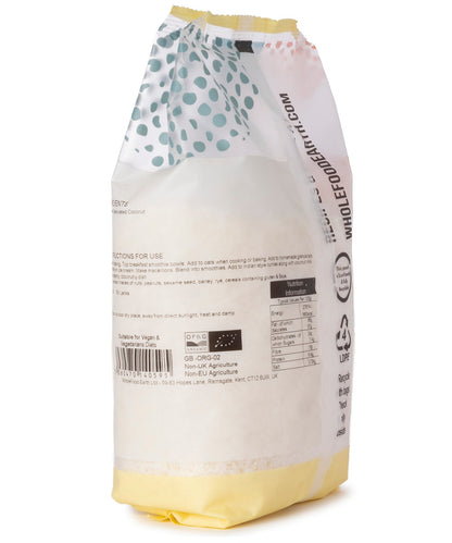 Organic coconut desiccated from Whole Food Earth, dried shredded coconut in a 250g package, ready for baking or snacking.