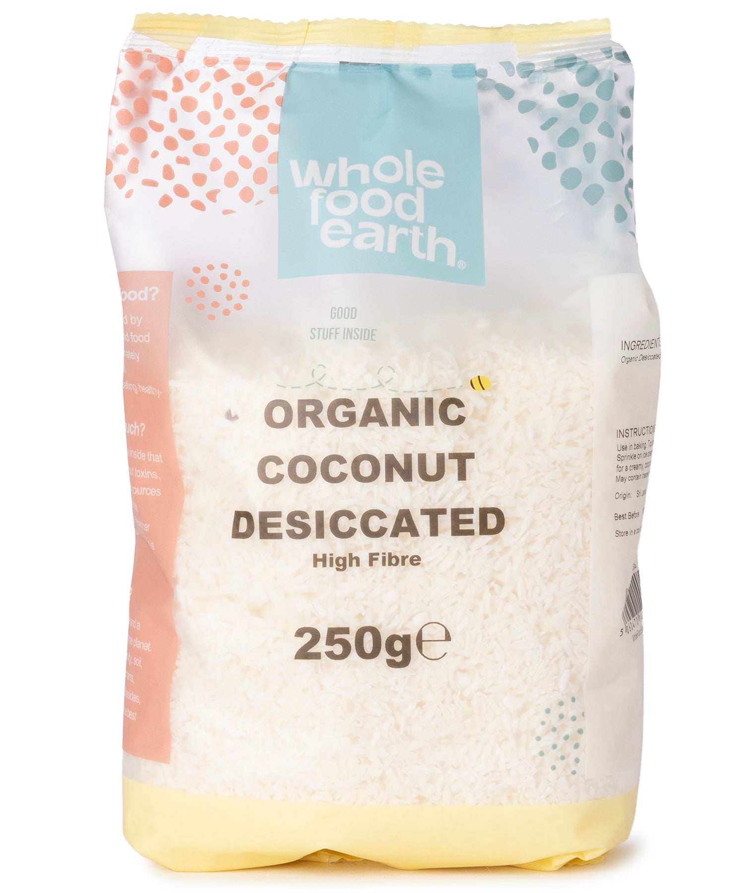 Organic coconut desiccated from Whole Food Earth, shown in a 250g package, with shredded dried coconut visible.