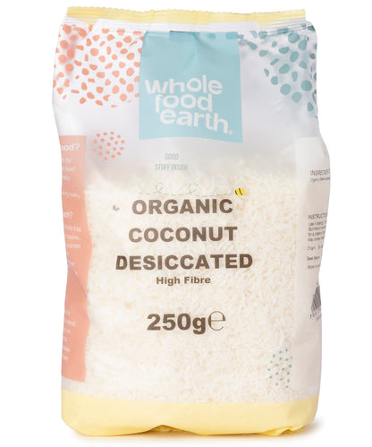Organic coconut desiccated from Whole Food Earth, shown in a 250g package, with shredded dried coconut visible.