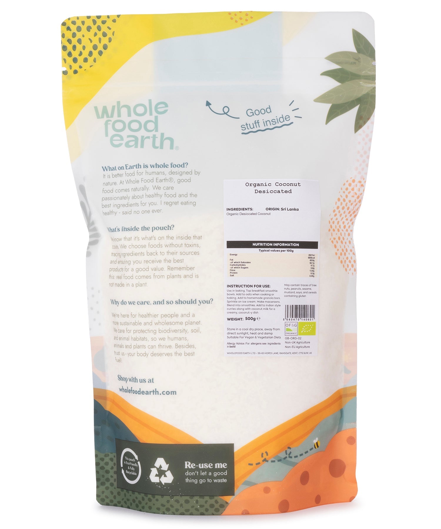 Organic coconut desiccated shredded dried fruit from Whole Food Earth in a 500g package, white and finely shredded.