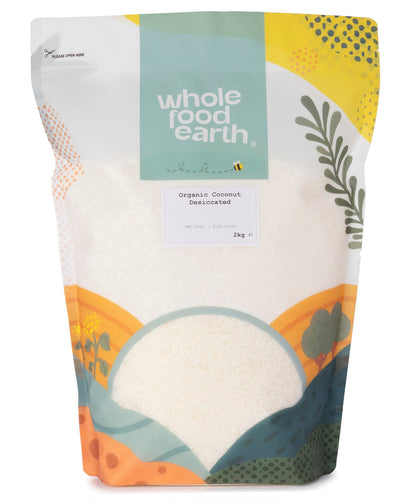 Organic coconut desiccated dried fruit from Whole Food Earth in a 2kg package, showing shredded dried coconut on a white background.