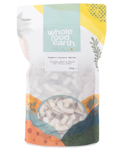 Organic Coconut Smiles dried fruit from Whole Food Earth, showing golden, chewy coconut slices in a 500g package.