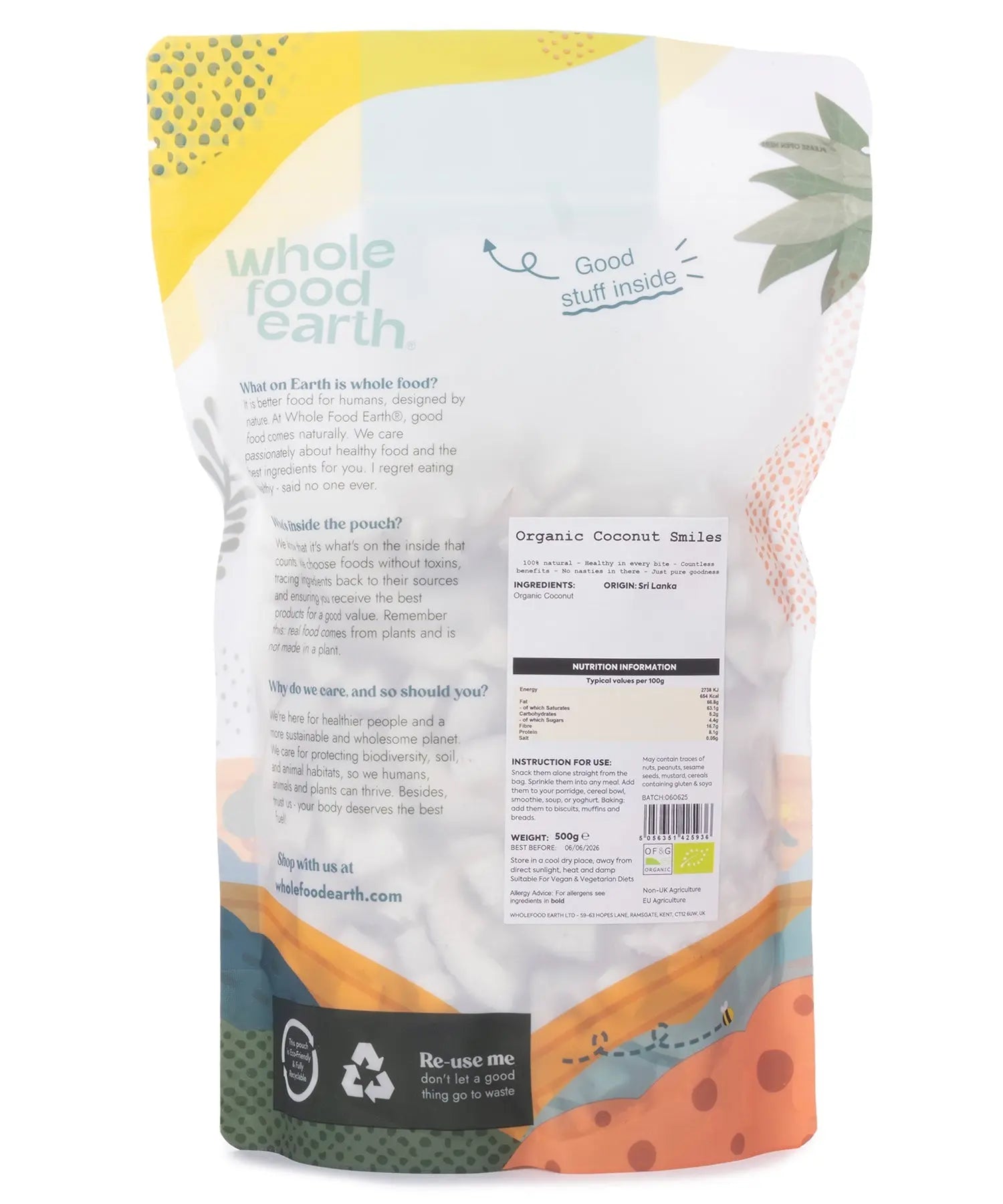 Organic Coconut Smiles dried fruit by Whole Food Earth, featuring golden, shredded coconut pieces in a 500g package.