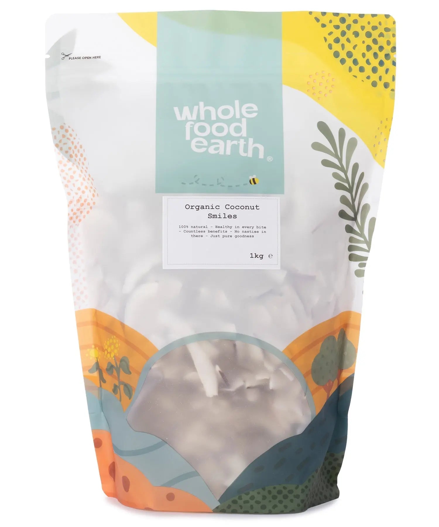 Organic coconut smiles dried fruit snack in a clear bag, showcasing golden, crunchy coconut pieces from Whole Food Earth.