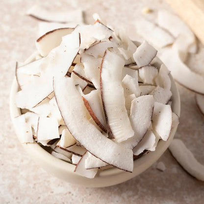 Organic Coconut Smiles dried fruit snack from Whole Food Earth showing close-up of the coconut pieces and ingredients.