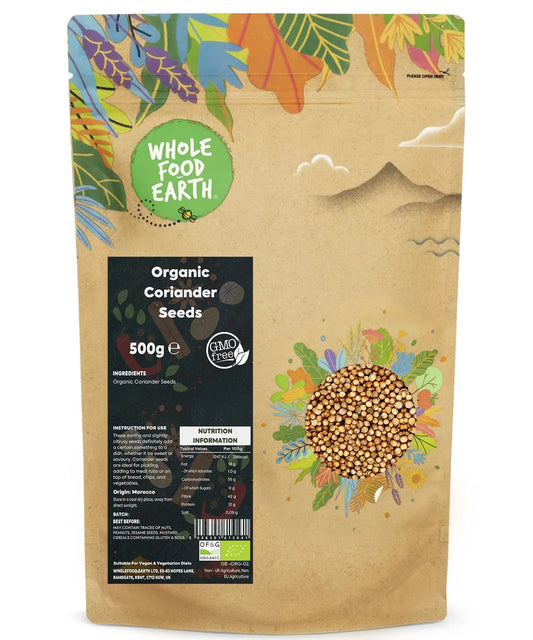 Organic coriander seeds in a 500g package from Whole Food Earth, showing whole seeds in a clear container for herbs and spices.
