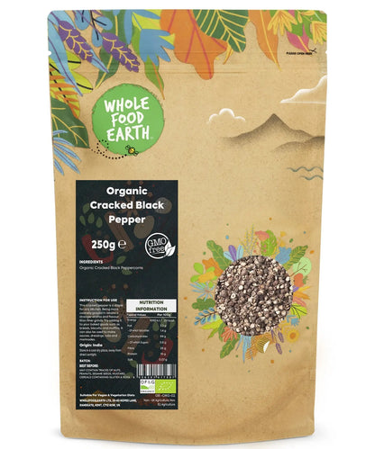 Organic cracked black pepper from Whole Food Earth, fresh herbs and spices, showing coarse black pepper with cracked texture in a jar.