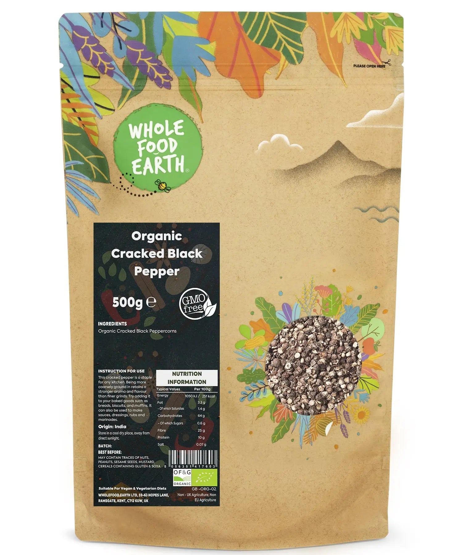 Organic cracked black pepper in a 500g package, Whole Food Earth herbs and spices, close-up of freshly ground black peppercorns