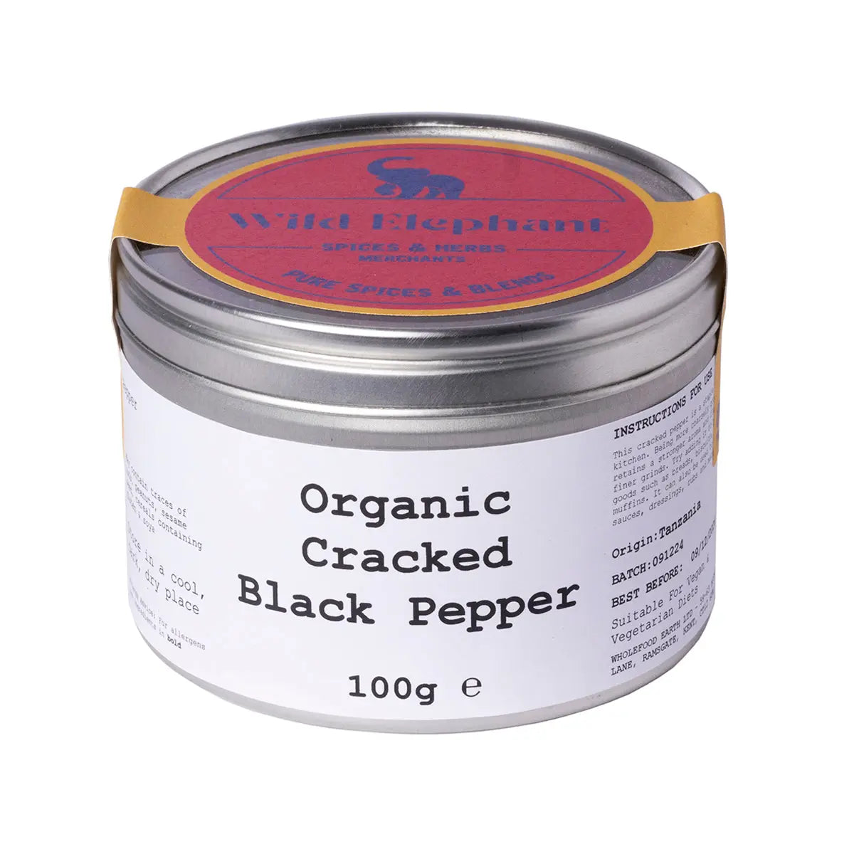 Organic cracked black pepper from Wild Elephant, Whole Food Earth Herbs & Spices, close-up of freshly ground black peppercorns.