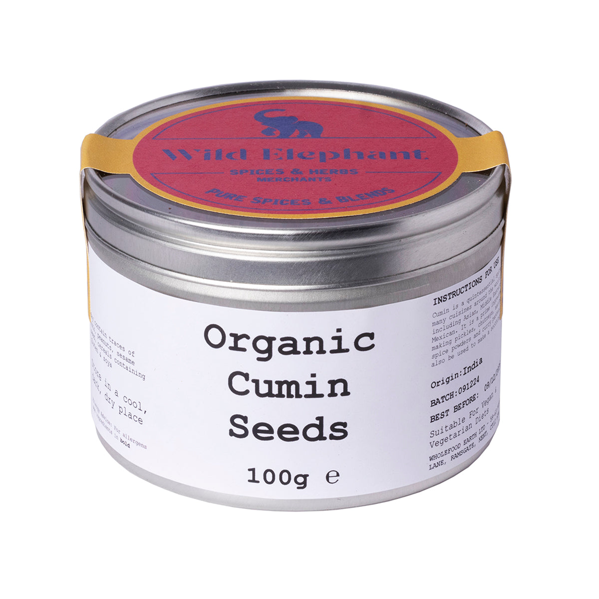 Organic cumin seeds from Wild Elephant, 100g, in a clear resealable bag, showcasing small brown seeds used in herbs and spices.