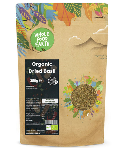 Dried organic basil herbs in a 250g package, natural green leaves from Whole Food Earth for cooking and seasoning.