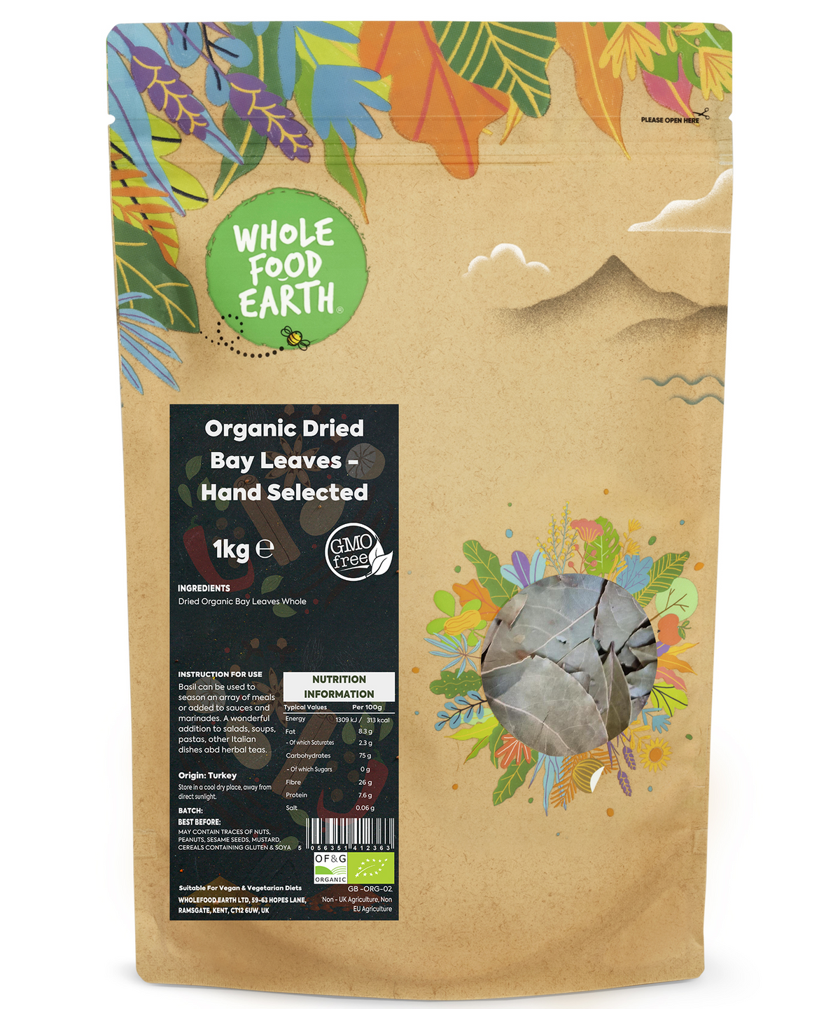Hand-selected 1kg of organic whole bay leaves from Whole Food Earth, fresh dried herbs and spices for cooking and flavoring.