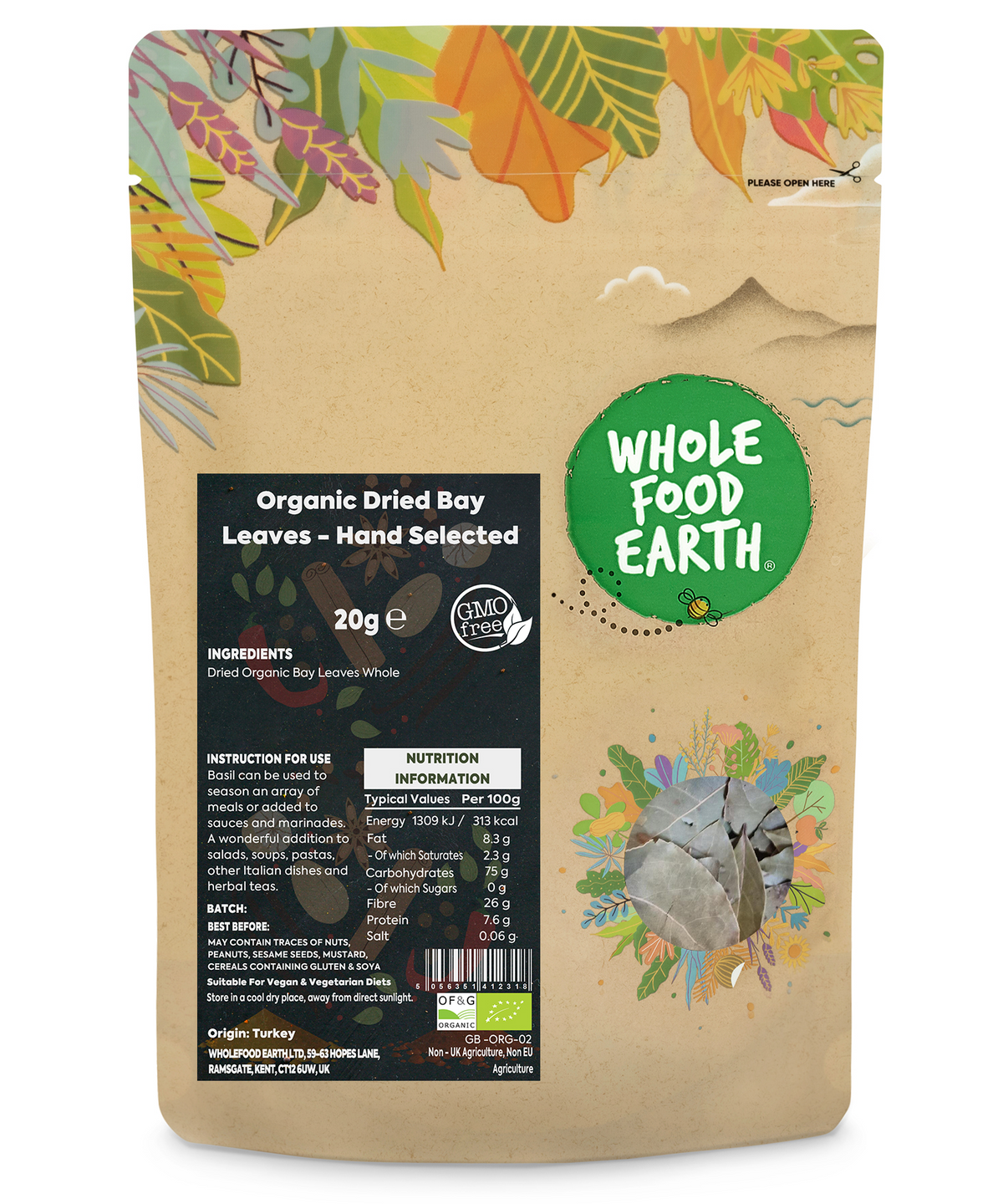 Hand-selected organic whole bay leaves from Whole Food Earth, dried herbs and spices for cooking and seasoning.