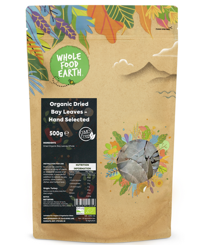 Hand-selected organic dried bay leaves from Whole Food Earth, whole herbs for cooking and seasoning.