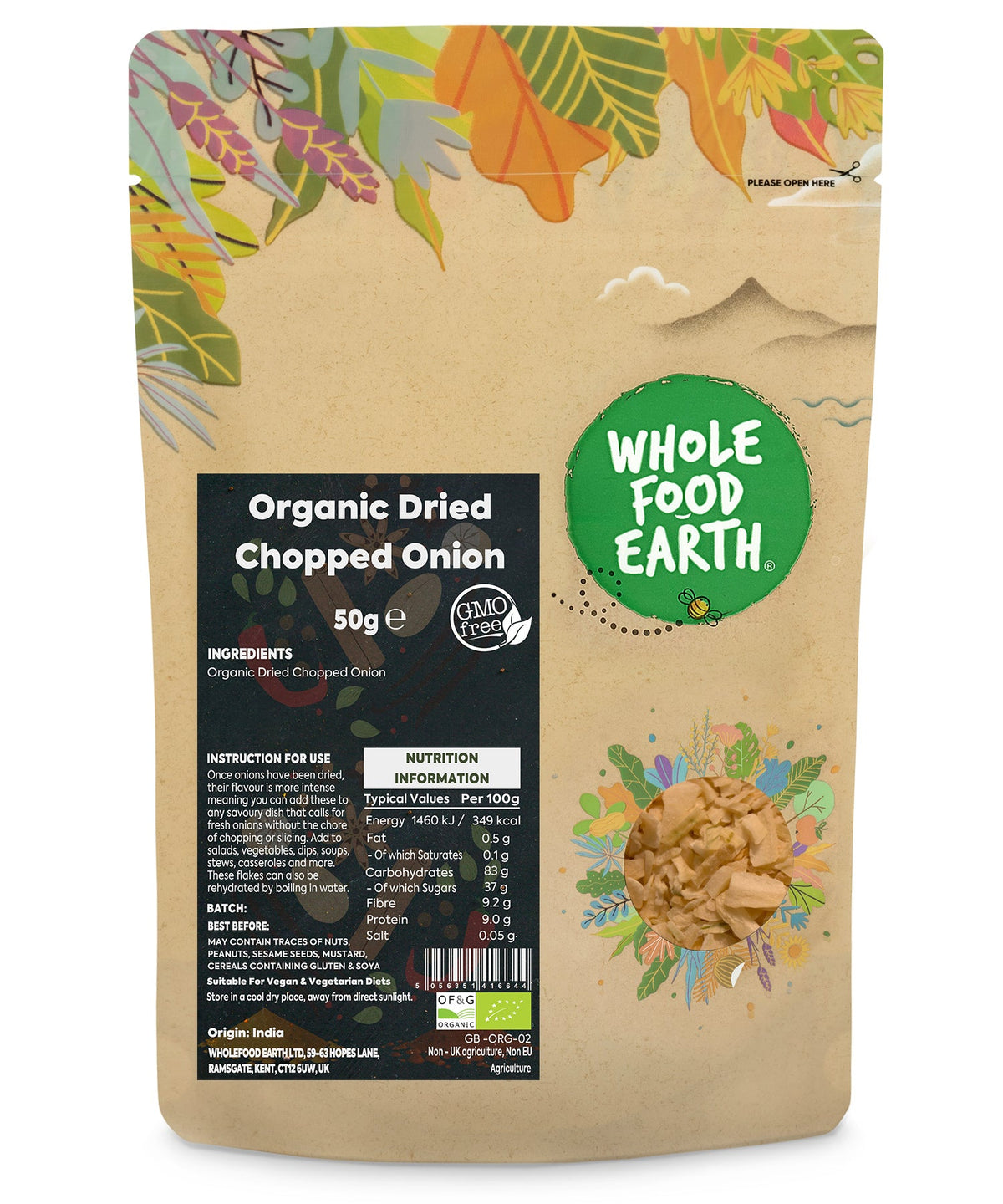 Organic dried chopped onion from Whole Food Earth, herb and spice product, showing a close-up of the dried onion pieces in a jar.