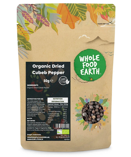 Dried organic cubeb pepper grains in a 50g package, from Whole Food Earth, part of herbs and spices collection.
