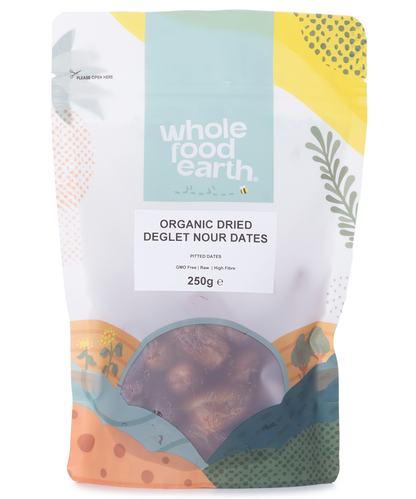 Organic Deglet Nour dates from Whole Food Earth, pitted dried fruit with golden, chewy dates in a 250g package.