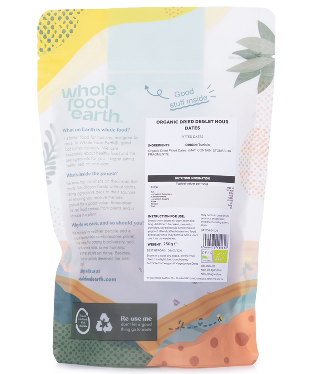 Organic Deglet Nour dates from Whole Food Earth, pitted dried fruit in a 250g package, showcasing glossy, sweet dates.