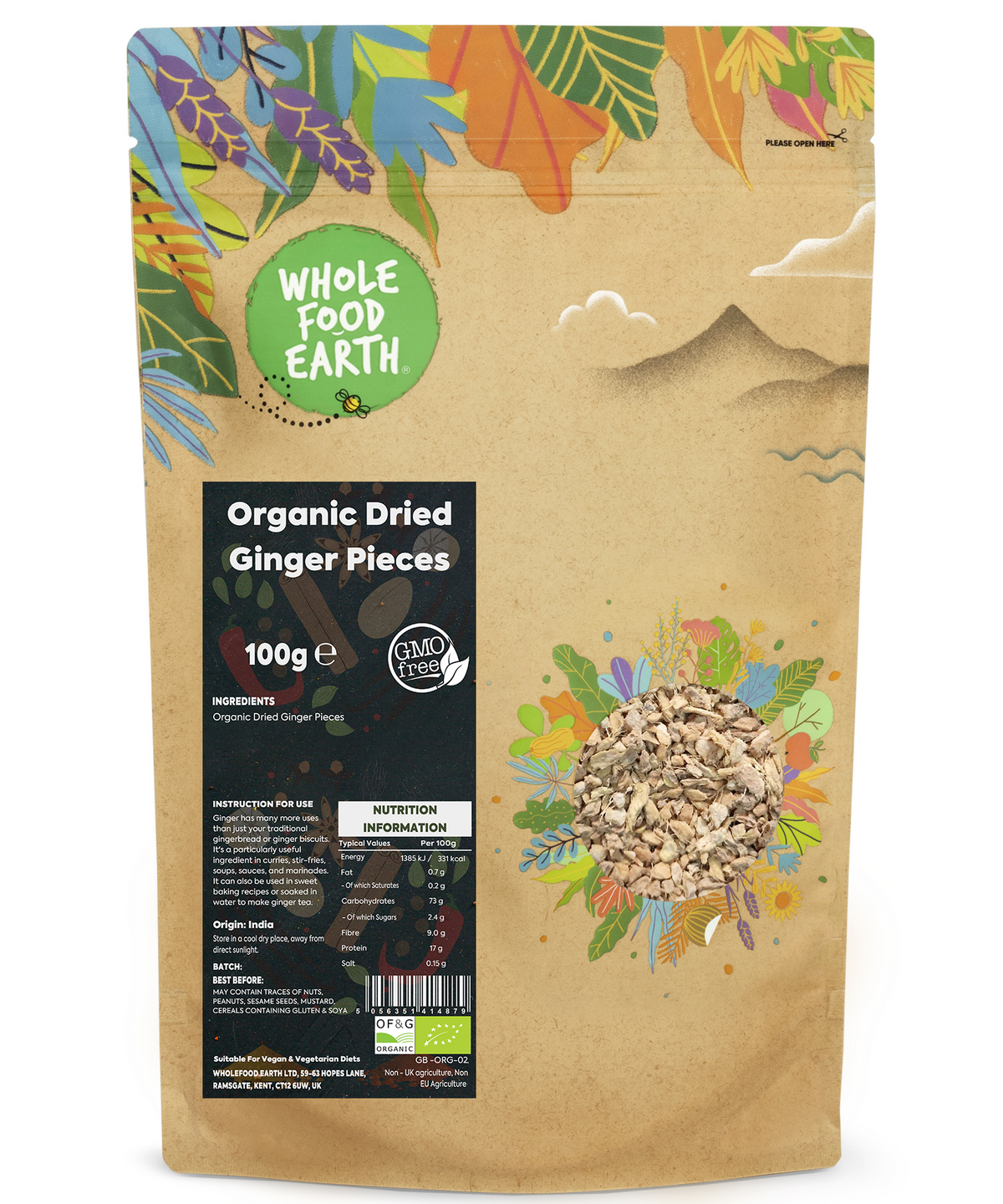 Organic ginger root cut pieces from Whole Food Earth, dried herb and spice, shown in a clear container with fresh ginger pieces.