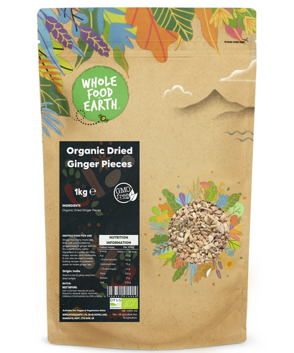 Organic ginger root cut pieces from Whole Food Earth, dried herb and spice, 1kg bag, with fresh, sliced ginger visible in the image.