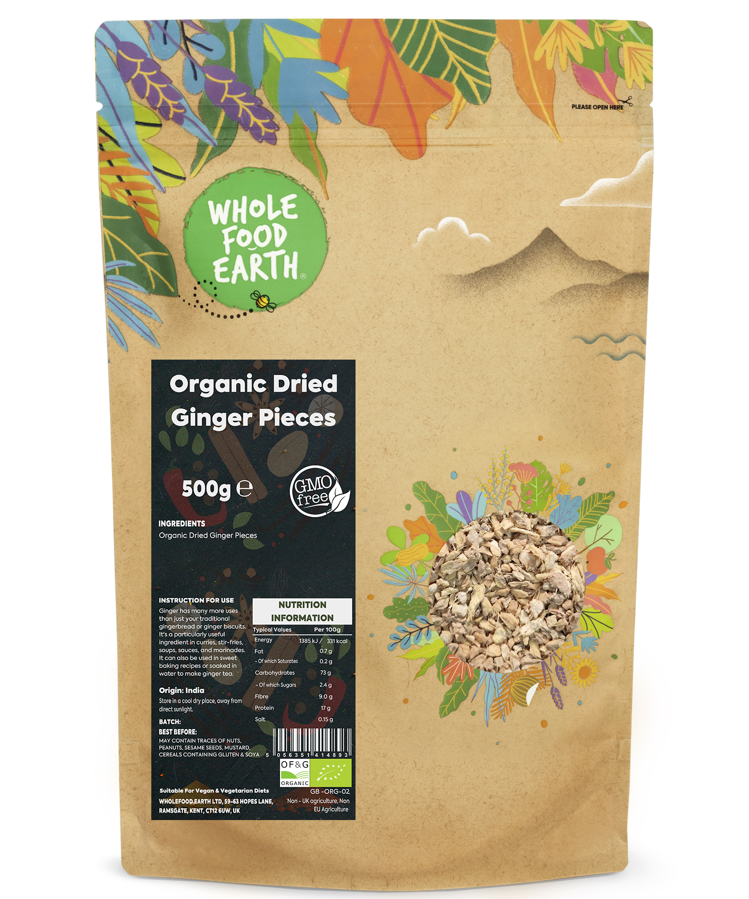 Organic ginger root cut pieces from Whole Food Earth, dried herbal spice in a 500g package.