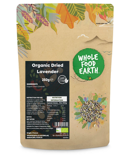 Dried organic lavender herbs in a 250g package from Whole Food Earth, showing purple flower buds and green stems.