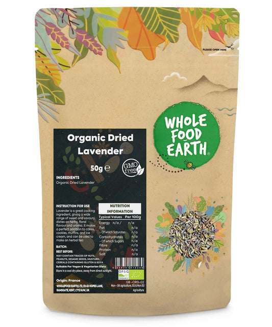 Dried organic lavender herb in a 50g package, Whole Food Earth brand, with purple flowers and green stems.