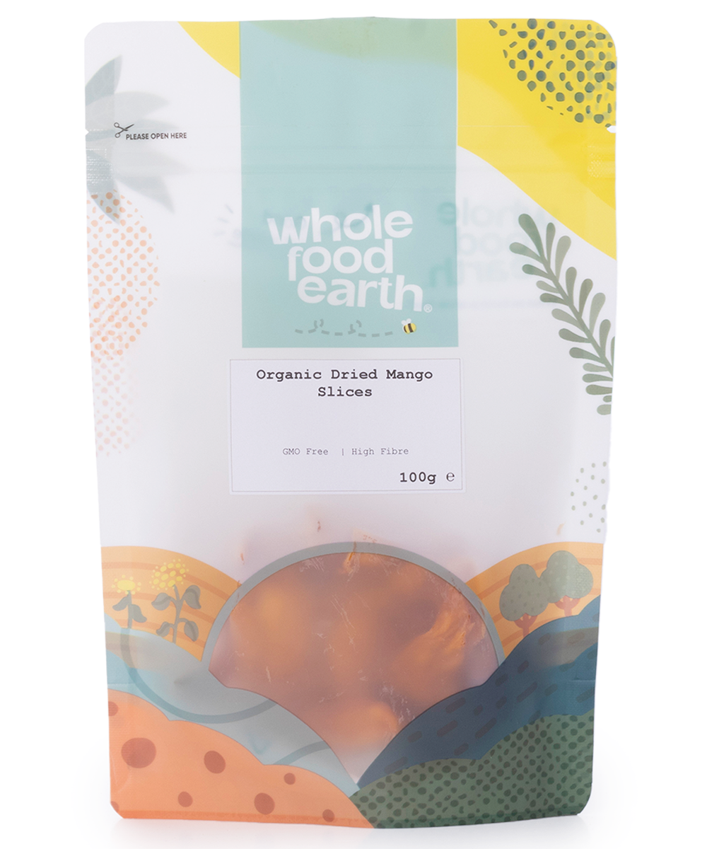Organic dried mango slices from Whole Food Earth, showing vibrant orange dried fruit pieces in a clear bowl.
