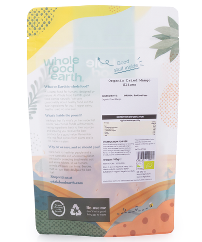 Organic dried mango slices from Whole Food Earth, vibrant orange dried fruit pieces on a white background.