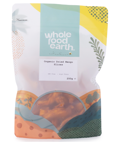 Organic dried mango slices from Whole Food Earth, showing vibrant orange dried fruit pieces on a white background.