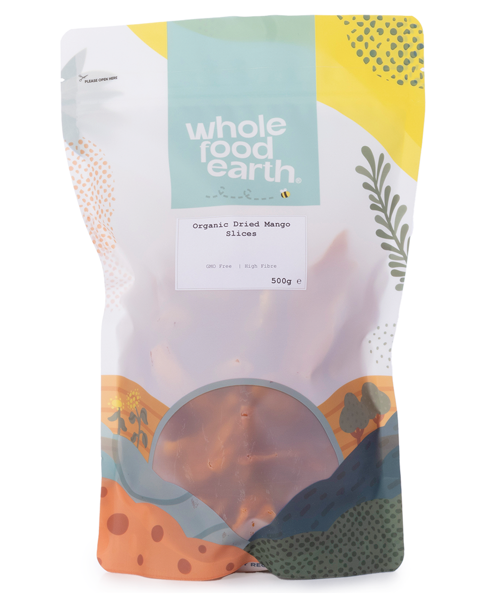 Organic dried mango slices by Whole Food Earth, showing vibrant orange dried fruit pieces in a 500g package.